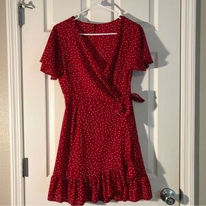 Red Polka Dot Wrap Dress V-Neck Ruffle Sleeve Tie Waist Flounce Hem S